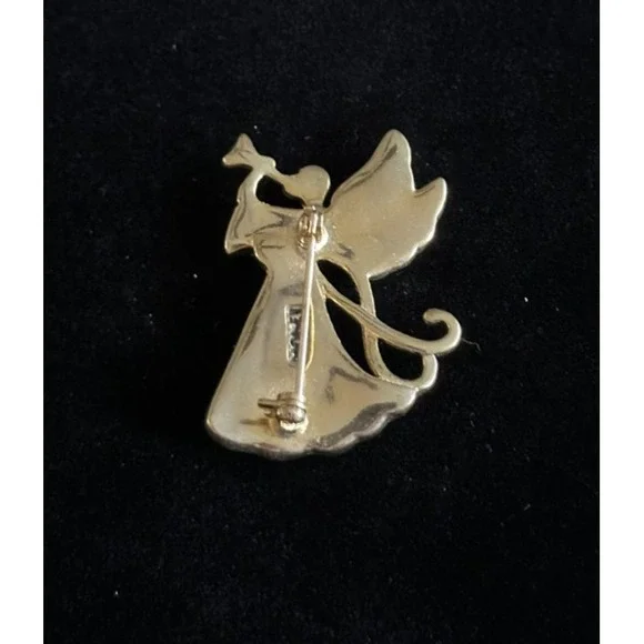 Monet Gold Tone Rhinestone Christmas Angel with Horn Brooch‎ Pin - Picture 2 of 3